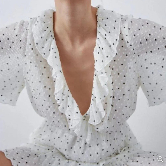 Zara Ruffle Mesh Polka Dot Dress White Black Size Small - Picture 2 of 6